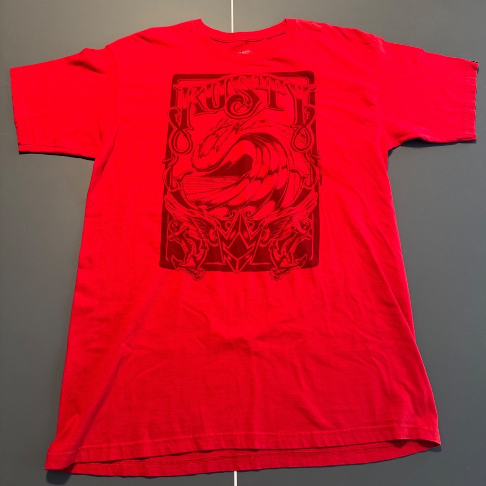 Rusty Mens Graphic T-Shirt Red Cotton Short Sleeve Surf Skate Tee Large